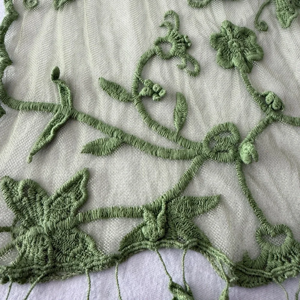 Indigo Soul Scarf Women Green Floral Mesh Embroidered Tassel Boho Cottagecore